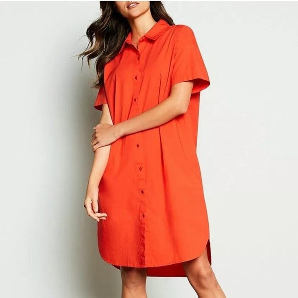Eileen Fisher Geranium Burnt Orange Organic Cotton Shirt Dress Medium